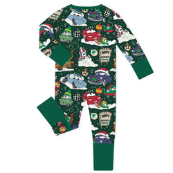 Christmas Car Snow Forest Green Baby Bamboo Zipper Romper Pajamas