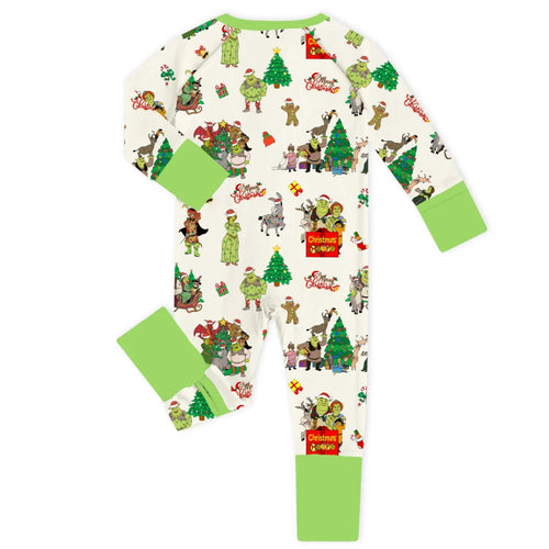 Christmas Green Swamp Monster Family Celebration Baby Bamboo Zipper Romper Pajamas