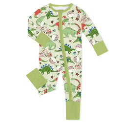 Christmas Cartoon Dinosaur Baby Bamboo Zipper Romper Pajamas