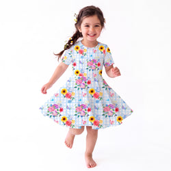 Gingham Garden Bouquet Kid Bamboo Long Sleeve Dress