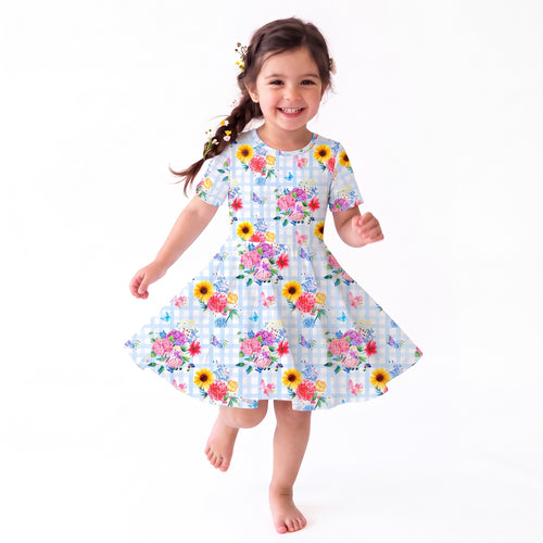 Gingham Garden Bouquet Kid Bamboo Long Sleeve Dress