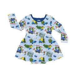 Christmas Blue Car Farm Long Sleeve Twirl Dress With Bodysuit