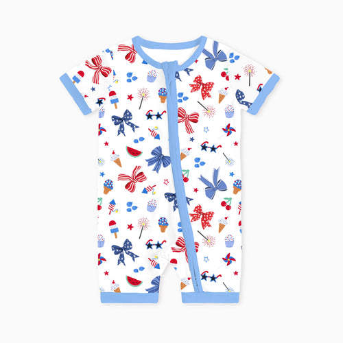 4th of July Bow Baby Bamboo Short Zipper Romper Pajamas