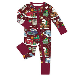 Christmas Car Snow Baby Bamboo Zipper Romper Pajamas