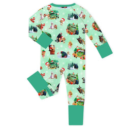 Christmas Mint Holiday Truck and Animal Friends Baby Bamboo Zipper Romper Pajamas