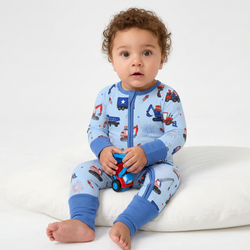 4th of July Stars Truck and Fireworks Blue Bamboo Zipper Romper Pajamas