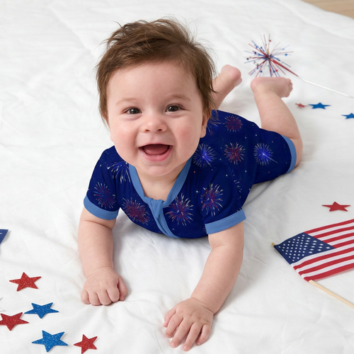 4th of July Colorful Firework Twinkle Stars Navy Short Bamboo Zippy Baby Romper