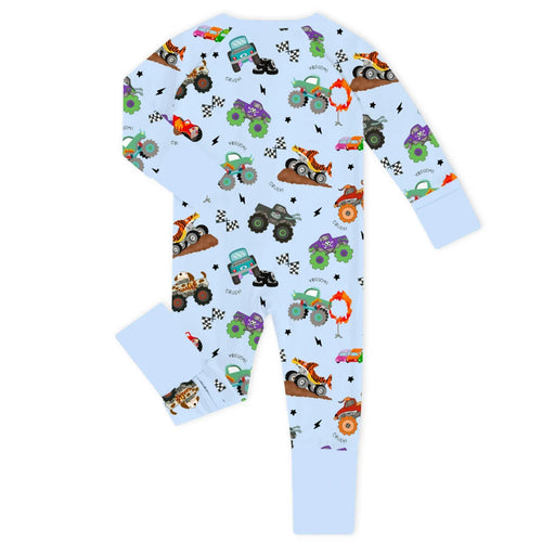 Big Wheels Truck Race Journey on Sky Blue Bamboo Zipper Romper Pajamas