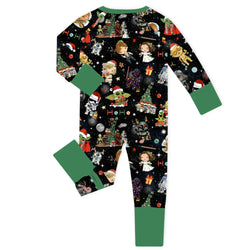 Christmas Galactic and Stars Adventure on Green Baby Bamboo Zipper Romper Pajamas