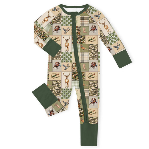 Wilderness Retriever Patchwork Green Bamboo Zipper Romper Pajamas
