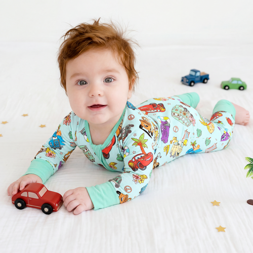Vintage Cars Road Trip Mint Green Bamboo Zipper Romper Pajamas