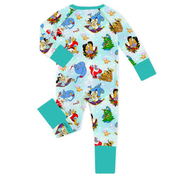 Christmas Blue Genie and Royal Couples Baby Bamboo Zipper Romper Pajamas
