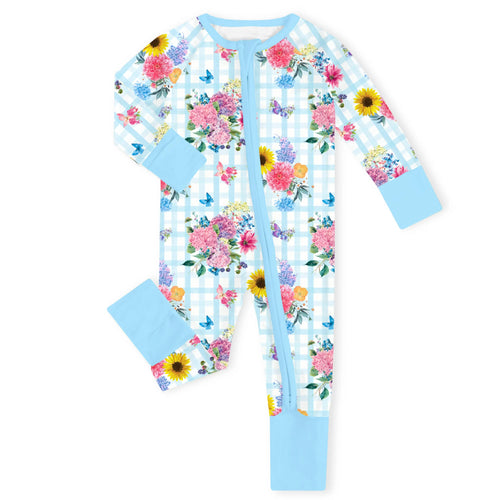 Gingham Garden Bouquet Blue Bamboo Zipper Romper Pajamas