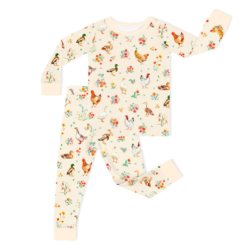 Farm Duck and Chicken in Wildflower Floral Kids Bamboo Two-Piece Pajama Set