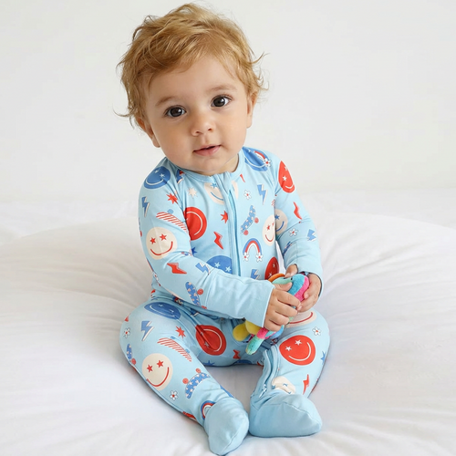 4th of July Smiley Faces and Colorful Rainbows Sky Blue Bamboo Zipper Romper Pajamas
