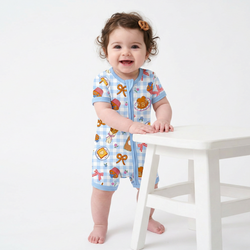 Sweet Bakery and Flower Bow in Blue Check Short Bamboo Zippy Baby Romper
