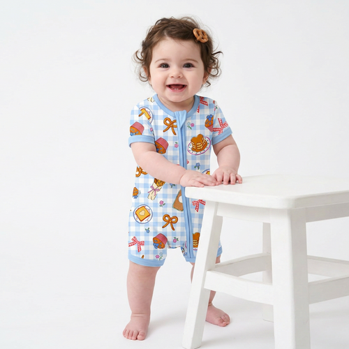 Sweet Bakery and Flower Bow in Blue Check Short Bamboo Zippy Baby Romper