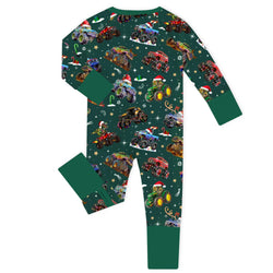 Christmas Colorful Truck Ride Game Baby Bamboo Zipper Romper Pajamas