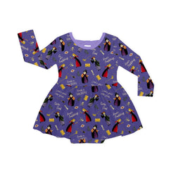 Halloween Witch Sisters Spell Long Sleeve Purple Twirl Dress With Bodysuit