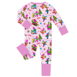 Christmas Pink Dino and Friends on Cotton Pink Baby Bamboo Zipper Romper Pajamas