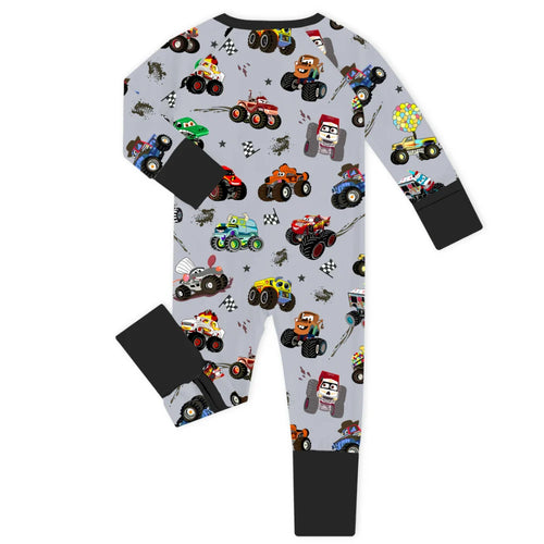 Big Wheel Truck Adventure Grey Baby Bamboo Zipper Romper Pajamas