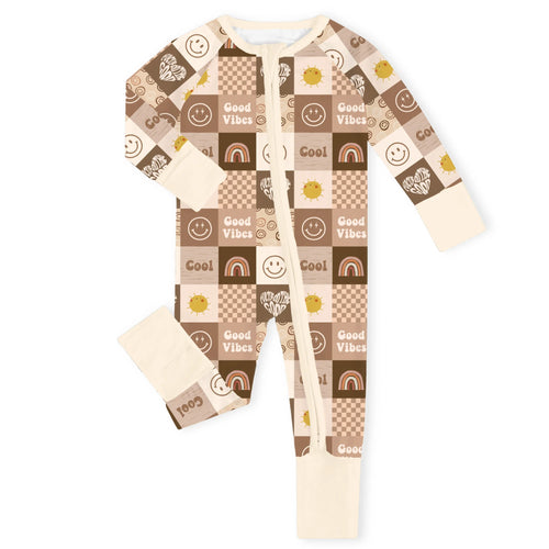 Retro Good Vibes Checkerboard Cream Bamboo Zipper Romper Pajamas