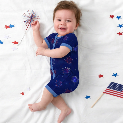 4th of July Colorful Firework Twinkle Stars Navy Short Bamboo Zippy Baby Romper