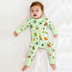 Prehistoric Dino Pals Jungle Playtime Sage Green Bamboo Zipper Romper Pajamas