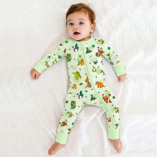 Prehistoric Dino Pals Jungle Playtime Sage Green Bamboo Zipper Romper Pajamas