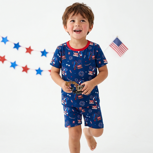 4th of July Red White Fireworks and Truck Kids Bamboo Two-Piece Pajama Short Sleeve Set