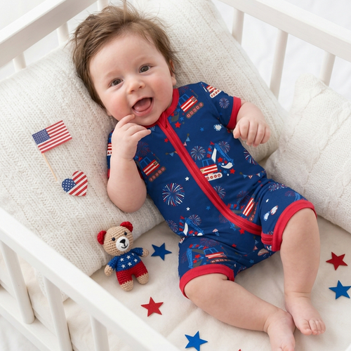 4th of July Red White Fireworks and Truck Short Bamboo Zippy Baby Romper