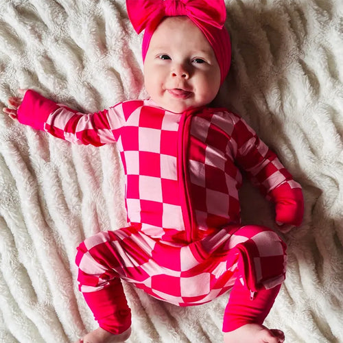 High-end Bamboo Rose Red Checkerboard Print Long Sleeve Newborn Baby Bodysuit