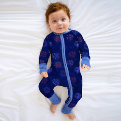 4th of July Colorful Firework Twinkle Stars Navy Bamboo Zipper Romper Pajamas
