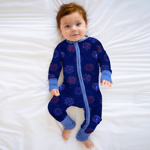 4th of July Colorful Firework Twinkle Stars Navy Bamboo Zipper Romper Pajamas