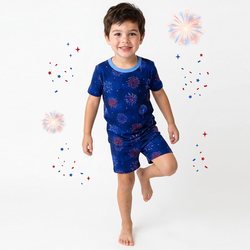 4th of July Colorful Firework Twinkle Stars Navy Bamboo Two-Piece Pajama Short Sleeve Set