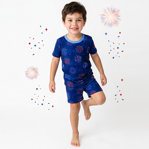 4th of July Colorful Firework Twinkle Stars Navy Bamboo Two-Piece Pajama Short Sleeve Set