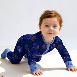 4th of July Colorful Firework Twinkle Stars Navy Bamboo Zipper Romper Pajamas