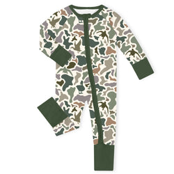 Waterfowl Camo Green Bamboo Zipper Romper Pajamas