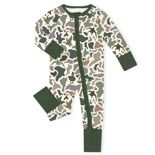 Waterfowl Camo Green Bamboo Zipper Romper Pajamas