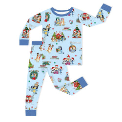 Christmas Dog Friends and Trees Gifts on Sky Blue Kids Bamboo Two-Piece Pajama Set