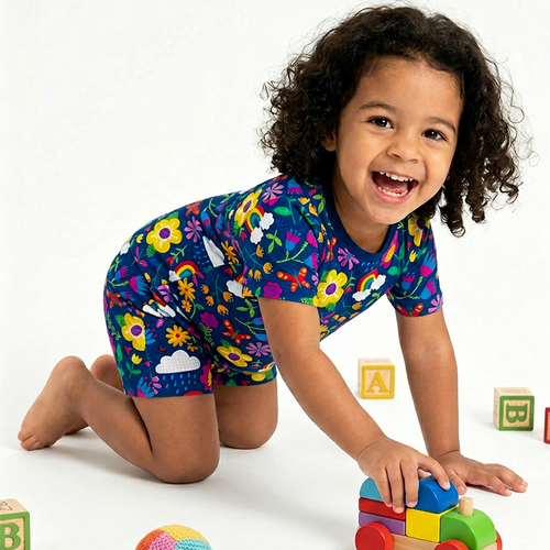 Sunny Rainbow Garden and Playful Petals Kids Bamboo Two-Piece Pajama Short Sleeve Set