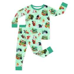 Christmas Mint Holiday Truck and Animal Friends Kids Bamboo Two-Piece Pajama Set