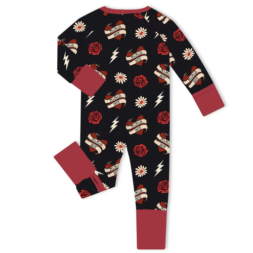 Mama's Boy Vintage Tattoo Maroon Bamboo Zipper Romper Pajamas