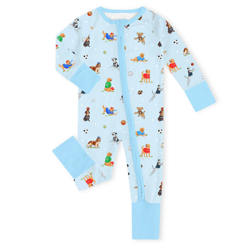 Sporty Pups Blue Bamboo Zipper Romper Pajamas