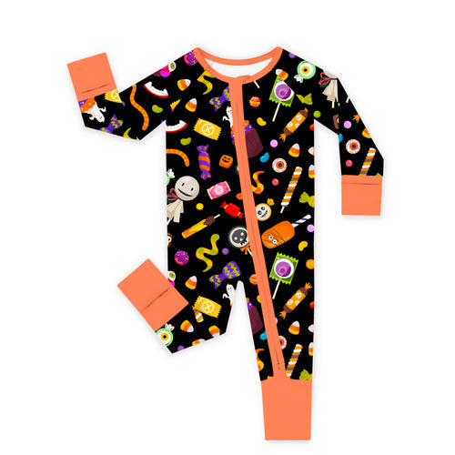 Halloween Spooky Sweet Candy Orange Bamboo Zipper Romper Pajamas