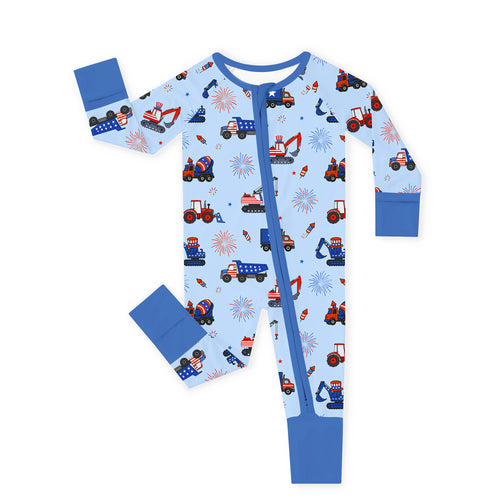 4th of July Stars Truck and Fireworks Blue Bamboo Zipper Romper Pajamas