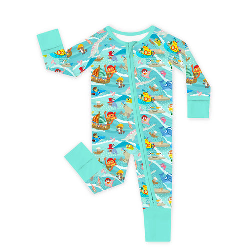 Ocean Sailboat and Sea Animal Parade Bamboo Zipper Romper Pajamas