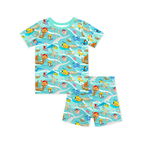 Ocean Sailboat and Sea Animal Parade Kids Bamboo Two-Piece Pajama Short Sleeve Set