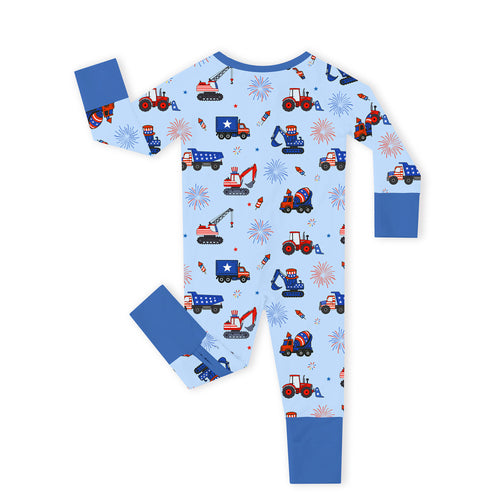 4th of July Stars Truck and Fireworks Blue Bamboo Zipper Romper Pajamas