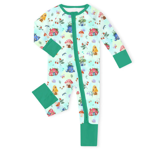 Fairy Mushroom Village Green Bamboo Zipper Romper Pajamas